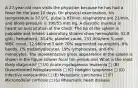 A 27-year-old man visits the physician because he has had a fever for the past 10 days. On physical examination, his temperature is 37.9°C, pulse is 87/min, respirations are 21/min, and blood pressure is 100/55 mm Hg. A diastolic murmur is heard on auscultation of the chest. The tip of the spleen is palpable and tender. Laboratory studies show hemoglobin, 12.8 g/dL; hematocrit, 38.4%; platelet count, 231,000/mm 3; and WBC count, 12,980/mm3 with 70% segmented neutrophils, 6% bands, 1% metamyelocytes, 19% lymphocytes, and 4% monocytes. The representative gross appearance of the spleen is shown in the figure.(shows focal tan-yellow are) What is the most likely diagnosis? □ (A) Acute myelogenous leukemia □ (B) Disseminated histoplasmosis □ (C) Hodgkin lymphoma □ (D) Infective endocarditis □ (E) Metastatic carcinoma □ (F) Micronodular cirrhosis □ (G) Rheumatic heart disease