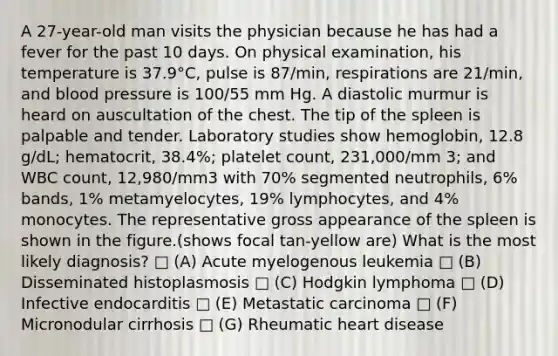 A 27-year-old man visits the physician because he has had a fever for the past 10 days. On physical examination, his temperature is 37.9°C, pulse is 87/min, respirations are 21/min, and blood pressure is 100/55 mm Hg. A diastolic murmur is heard on auscultation of the chest. The tip of the spleen is palpable and tender. Laboratory studies show hemoglobin, 12.8 g/dL; hematocrit, 38.4%; platelet count, 231,000/mm 3; and WBC count, 12,980/mm3 with 70% segmented neutrophils, 6% bands, 1% metamyelocytes, 19% lymphocytes, and 4% monocytes. The representative gross appearance of the spleen is shown in the figure.(shows focal tan-yellow are) What is the most likely diagnosis? □ (A) Acute myelogenous leukemia □ (B) Disseminated histoplasmosis □ (C) Hodgkin lymphoma □ (D) Infective endocarditis □ (E) Metastatic carcinoma □ (F) Micronodular cirrhosis □ (G) Rheumatic heart disease