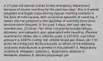 A 27-year-old woman comes to the emergency department because of severe vomiting for the past two days. She is 9 weeks pregnant and began experiencing regular morning sickness in the form of mild nausea, with occasional episodes of vomiting, 7 weeks into her pregnancy. Her episodes of vomiting have since become more frequent. In the past 2 days, she says she has vomited over 25 times. Her other complaints include fatigue, dizziness, and epigastric pain associated with vomiting. Physical examination shows she is afebrile, pulse is 107/min, and blood pressure is 120/74 mmHg. Her arterial blood gas shows: pH 7.51 pCO2 46 mmHg pO2 80 Bicarbonate 32 Which of the following acid-base disturbances is present in this patient? A. Respiratory acidosis B. Metabolic acidosis C. Respiratory alkalosis D. Metabolic alkalosis E. Normal physiologic pH