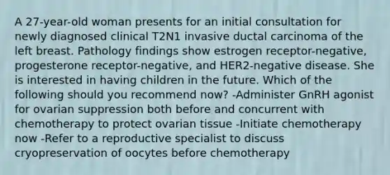 A 27-year-old woman presents for an initial consultation for newly diagnosed clinical T2N1 invasive ductal carcinoma of the left breast. Pathology findings show estrogen receptor-negative, progesterone receptor-negative, and HER2-negative disease. She is interested in having children in the future. Which of the following should you recommend now? -Administer GnRH agonist for ovarian suppression both before and concurrent with chemotherapy to protect ovarian tissue -Initiate chemotherapy now -Refer to a reproductive specialist to discuss cryopreservation of oocytes before chemotherapy