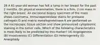 28 A 61-year-old woman has felt a lump in her breast for the past 2 months. On physical examination, there is a firm, 2-cm mass in the right breast. An excisional biopsy specimen of the mass shows carcinoma. Immunoperoxidase stains for protease cathepsin D and matrix metalloproteinase-9 are performed on the microscopic tissue section and show pronounced cytoplasmic staining in the tumor cells. Which of the following characteristics is most likely to be predicted by this marker? (A) Angiogenesis (B) Invasiveness (C) Differentiation (D) Heterogeneity (E) Aneuploidy