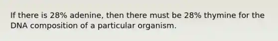 If there is 28% adenine, then there must be 28% thymine for the DNA composition of a particular organism.