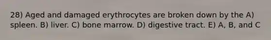 28) Aged and damaged erythrocytes are broken down by the A) spleen. B) liver. C) bone marrow. D) digestive tract. E) A, B, and C