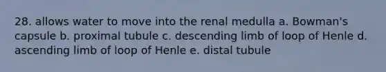 28. ​allows water to move into the renal medulla a. ​Bowman's capsule b. ​proximal tubule c. ​descending limb of loop of Henle d. ​ascending limb of loop of Henle e. ​distal tubule