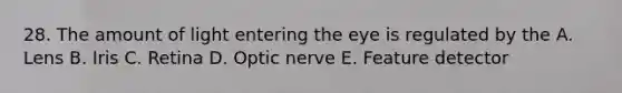 28. The amount of light entering the eye is regulated by the A. Lens B. Iris C. Retina D. Optic nerve E. Feature detector