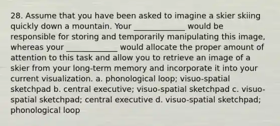 28. Assume that you have been asked to imagine a skier skiing quickly down a mountain. Your _____________ would be responsible for storing and temporarily manipulating this image, whereas your _____________ would allocate the proper amount of attention to this task and allow you to retrieve an image of a skier from your long-term memory and incorporate it into your current visualization. a. phonological loop; visuo-spatial sketchpad b. central executive; visuo-spatial sketchpad c. visuo-spatial sketchpad; central executive d. visuo-spatial sketchpad; phonological loop