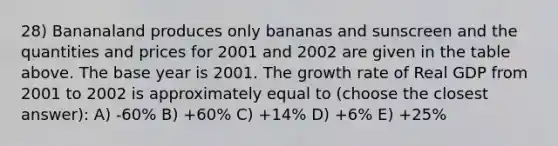 28) Bananaland produces only bananas and sunscreen and the quantities and prices for 2001 and 2002 are given in the table above. The base year is 2001. The growth rate of Real GDP from 2001 to 2002 is approximately equal to (choose the closest answer): A) -60% B) +60% C) +14% D) +6% E) +25%