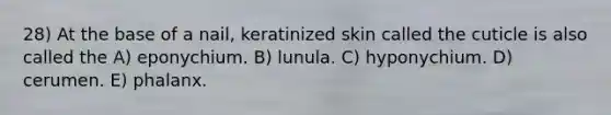 28) At the base of a nail, keratinized skin called the cuticle is also called the A) eponychium. B) lunula. C) hyponychium. D) cerumen. E) phalanx.