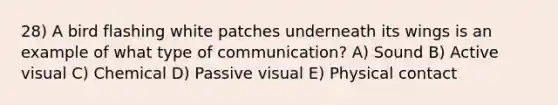 28) A bird flashing white patches underneath its wings is an example of what type of communication? A) Sound B) Active visual C) Chemical D) Passive visual E) Physical contact