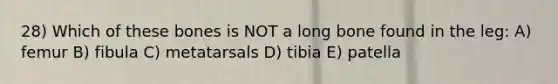 28) Which of these bones is NOT a long bone found in the leg: A) femur B) fibula C) metatarsals D) tibia E) patella