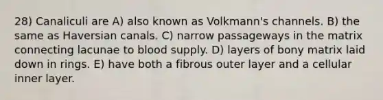 28) Canaliculi are A) also known as Volkmann's channels. B) the same as Haversian canals. C) narrow passageways in the matrix connecting lacunae to blood supply. D) layers of bony matrix laid down in rings. E) have both a fibrous outer layer and a cellular inner layer.