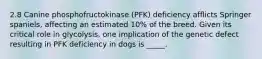 2.8 Canine phosphofructokinase (PFK) deficiency afflicts Springer spaniels, affecting an estimated 10% of the breed. Given its critical role in glycolysis, one implication of the genetic defect resulting in PFK deficiency in dogs is _____.