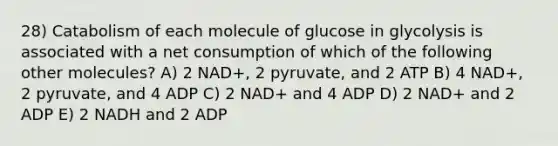 28) Catabolism of each molecule of glucose in glycolysis is associated with a net consumption of which of the following other molecules? A) 2 NAD+, 2 pyruvate, and 2 ATP B) 4 NAD+, 2 pyruvate, and 4 ADP C) 2 NAD+ and 4 ADP D) 2 NAD+ and 2 ADP E) 2 NADH and 2 ADP