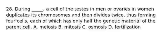 28. During _____, a cell of the testes in men or ovaries in women duplicates its chromosomes and then divides twice, thus forming four cells, each of which has only half the genetic material of the parent cell. A. meiosis B. mitosis C. osmosis D. fertilization