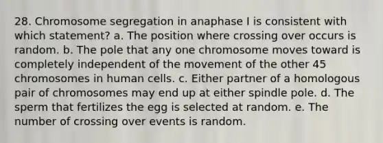 28. Chromosome segregation in anaphase I is consistent with which statement? a. The position where crossing over occurs is random. b. The pole that any one chromosome moves toward is completely independent of the movement of the other 45 chromosomes in human cells. c. Either partner of a homologous pair of chromosomes may end up at either spindle pole. d. The sperm that fertilizes the egg is selected at random. e. The number of crossing over events is random.