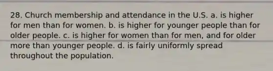 28. Church membership and attendance in the U.S. a. is higher for men than for women. b. is higher for younger people than for older people. c. is higher for women than for men, and for older more than younger people. d. is fairly uniformly spread throughout the population.