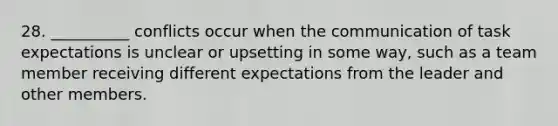 28. __________ conflicts occur when the communication of task expectations is unclear or upsetting in some way, such as a team member receiving different expectations from the leader and other members.