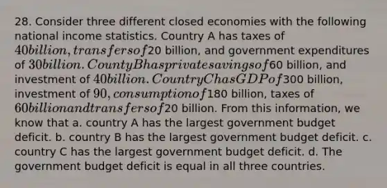 28. Consider three different closed economies with the following national income statistics. Country A has taxes of 40 billion, transfers of20 billion, and government expenditures of 30 billion. County B has private savings of60 billion, and investment of 40 billion. Country C has GDP of300 billion, investment of 90, consumption of180 billion, taxes of 60 billion and transfers of20 billion. From this information, we know that a. country A has the largest government budget deficit. b. country B has the largest government budget deficit. c. country C has the largest government budget deficit. d. The government budget deficit is equal in all three countries.