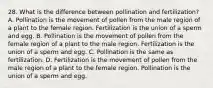 28. What is the difference between pollination and fertilization? A. Pollination is the movement of pollen from the male region of a plant to the female region. Fertilization is the union of a sperm and egg. B. Pollination is the movement of pollen from the female region of a plant to the male region. Fertilization is the union of a sperm and egg. C. Pollination is the same as fertilization. D. Fertilization is the movement of pollen from the male region of a plant to the female region. Pollination is the union of a sperm and egg.