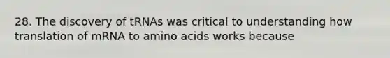 28. The discovery of tRNAs was critical to understanding how translation of mRNA to amino acids works because