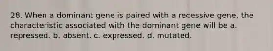 28. When a dominant gene is paired with a recessive gene, the characteristic associated with the dominant gene will be a. repressed. b. absent. c. expressed. d. mutated.