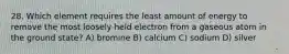 28. Which element requires the least amount of energy to remove the most loosely held electron from a gaseous atom in the ground state? A) bromine B) calcium C) sodium D) silver