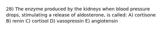 28) The enzyme produced by the kidneys when blood pressure drops, stimulating a release of aldosterone, is called: A) cortisone B) renin C) cortisol D) vasopressin E) angiotensin