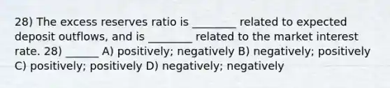 28) The excess reserves ratio is ________ related to expected deposit outflows, and is ________ related to the market interest rate. 28) ______ A) positively; negatively B) negatively; positively C) positively; positively D) negatively; negatively