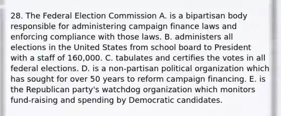 28. The Federal Election Commission A. is a bipartisan body responsible for administering campaign finance laws and enforcing compliance with those laws. B. administers all elections in the United States from school board to President with a staff of 160,000. C. tabulates and certifies the votes in all federal elections. D. is a non-partisan political organization which has sought for over 50 years to reform campaign financing. E. is the Republican party's watchdog organization which monitors fund-raising and spending by Democratic candidates.