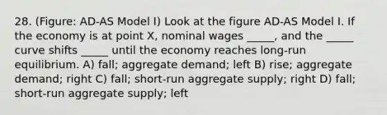 28. (Figure: AD-AS Model I) Look at the figure AD-AS Model I. If the economy is at point X, nominal wages _____, and the _____ curve shifts _____ until the economy reaches long-run equilibrium. A) fall; aggregate demand; left B) rise; aggregate demand; right C) fall; short-run aggregate supply; right D) fall; short-run aggregate supply; left