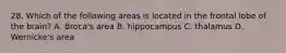 28. Which of the following areas is located in the frontal lobe of the brain? A. Broca's area B. hippocampus C. thalamus D. Wernicke's area