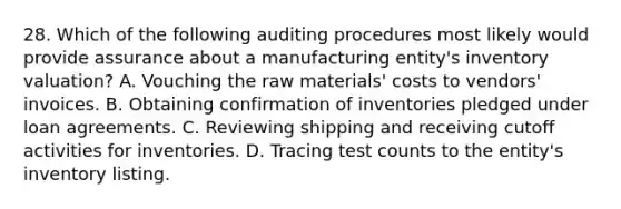 28. Which of the following auditing procedures most likely would provide assurance about a manufacturing entity's inventory valuation? A. Vouching the raw materials' costs to vendors' invoices. B. Obtaining confirmation of inventories pledged under loan agreements. C. Reviewing shipping and receiving cutoff activities for inventories. D. Tracing test counts to the entity's inventory listing.