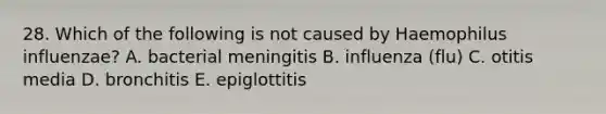 28. Which of the following is not caused by Haemophilus influenzae? A. bacterial meningitis B. influenza (flu) C. otitis media D. bronchitis E. epiglottitis