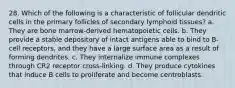 28. Which of the following is a characteristic of follicular dendritic cells in the primary follicles of secondary lymphoid tissues? a. They are bone marrow-derived hematopoietic cells. b. They provide a stable depository of intact antigens able to bind to B-cell receptors, and they have a large surface area as a result of forming dendrites. c. They internalize immune complexes through CR2 receptor cross-linking. d. They produce cytokines that induce B cells to proliferate and become centroblasts.