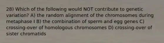 28) Which of the following would NOT contribute to genetic variation? A) the random alignment of the chromosomes during metaphase I B) the combination of sperm and egg genes C) crossing-over of homologous chromosomes D) crossing-over of sister chromatids