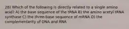 28) Which of the following is directly related to a single amino acid? A) the base sequence of the tRNA B) the amino acetyl tRNA synthase C) the three-base sequence of mRNA D) the complementarity of DNA and RNA