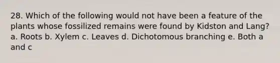 28. Which of the following would not have been a feature of the plants whose fossilized remains were found by Kidston and Lang? a. Roots b. Xylem c. Leaves d. Dichotomous branching e. Both a and c