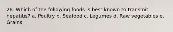 28. Which of the following foods is best known to transmit hepatitis? a. Poultry b. Seafood c. Legumes d. Raw vegetables e. Grains