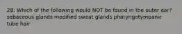 28: Which of the following would NOT be found in the outer ear? sebaceous glands modified sweat glands pharyngotympanic tube hair