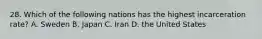 28. Which of the following nations has the highest incarceration rate? A. Sweden B. Japan C. Iran D. the United States