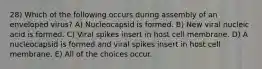 28) Which of the following occurs during assembly of an enveloped virus? A) Nucleocapsid is formed. B) New viral nucleic acid is formed. C) Viral spikes insert in host cell membrane. D) A nucleocapsid is formed and viral spikes insert in host cell membrane. E) All of the choices occur.