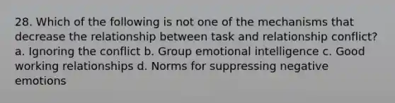 28. Which of the following is not one of the mechanisms that decrease the relationship between task and relationship conflict? a. Ignoring the conflict b. Group emotional intelligence c. Good working relationships d. Norms for suppressing negative emotions