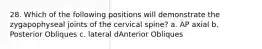 28. Which of the following positions will demonstrate the zygapophyseal joints of the cervical spine? a. AP axial b. Posterior Obliques c. lateral dAnterior Obliques