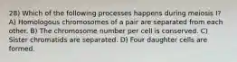 28) Which of the following processes happens during meiosis I? A) Homologous chromosomes of a pair are separated from each other. B) The chromosome number per cell is conserved. C) Sister chromatids are separated. D) Four daughter cells are formed.