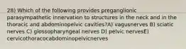 28) Which of the following provides preganglionic parasympathetic innervation to structures in the neck and in the thoracic and abdominopelvic cavities?A) vagusnerves B) sciatic nerves C) glossopharyngeal nerves D) pelvic nervesE) cervicothoracocabdominopelvicnerves