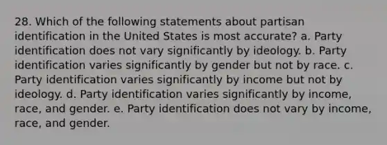 28. Which of the following statements about partisan identification in the United States is most accurate? a. Party identification does not vary significantly by ideology. b. Party identification varies significantly by gender but not by race. c. Party identification varies significantly by income but not by ideology. d. Party identification varies significantly by income, race, and gender. e. Party identification does not vary by income, race, and gender.