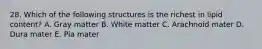 28. Which of the following structures is the richest in lipid content? A. Gray matter B. White matter C. Arachnoid mater D. Dura mater E. Pia mater
