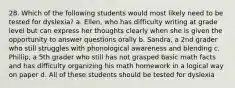 28. Which of the following students would most likely need to be tested for dyslexia? a. Ellen, who has difficulty writing at grade level but can express her thoughts clearly when she is given the opportunity to answer questions orally b. Sandra, a 2nd grader who still struggles with phonological awareness and blending c. Phillip, a 5th grader who still has not grasped basic math facts and has difficulty organizing his math homework in a logical way on paper d. All of these students should be tested for dyslexia