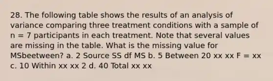 28. The following table shows the results of an analysis of variance comparing three treatment conditions with a sample of n = 7 participants in each treatment. Note that several values are missing in the table. What is the missing value for MSbeetween? a. 2 Source SS df MS b. 5 Between 20 xx xx F = xx c. 10 Within xx xx 2 d. 40 Total xx xx