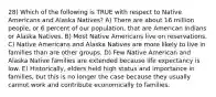 28) Which of the following is TRUE with respect to Native Americans and Alaska Natives? A) There are about 16 million people, or 6 percent of our population, that are American Indians or Alaska Natives. B) Most Native Americans live on reservations. C) Native Americans and Alaska Natives are more likely to live in families than are other groups. D) Few Native American and Alaska Native families are extended because life expectancy is low. E) Historically, elders held high status and importance in families, but this is no longer the case because they usually cannot work and contribute economically to families.